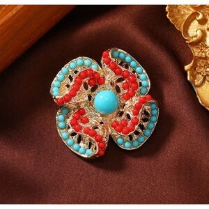 Textured 3D Faux Turquoise and Red Beaded Flower Brooch Pin Wavy Design
